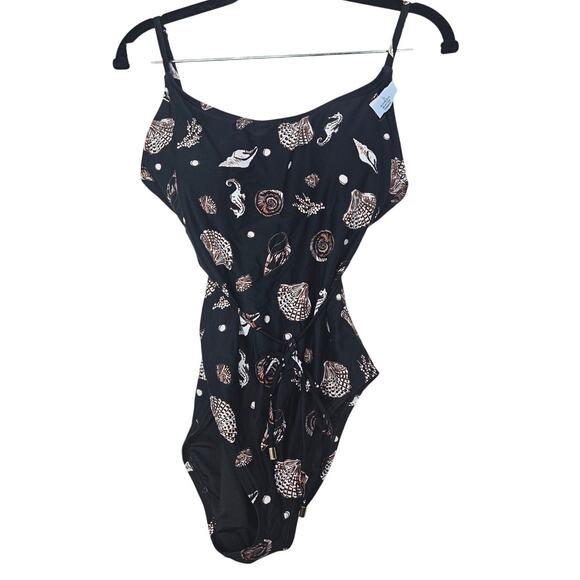 NEW Ann Taylor LOFT M Beach Seashell Belted One Piece Swimsuit Coastal Black - Picture 2 of 5